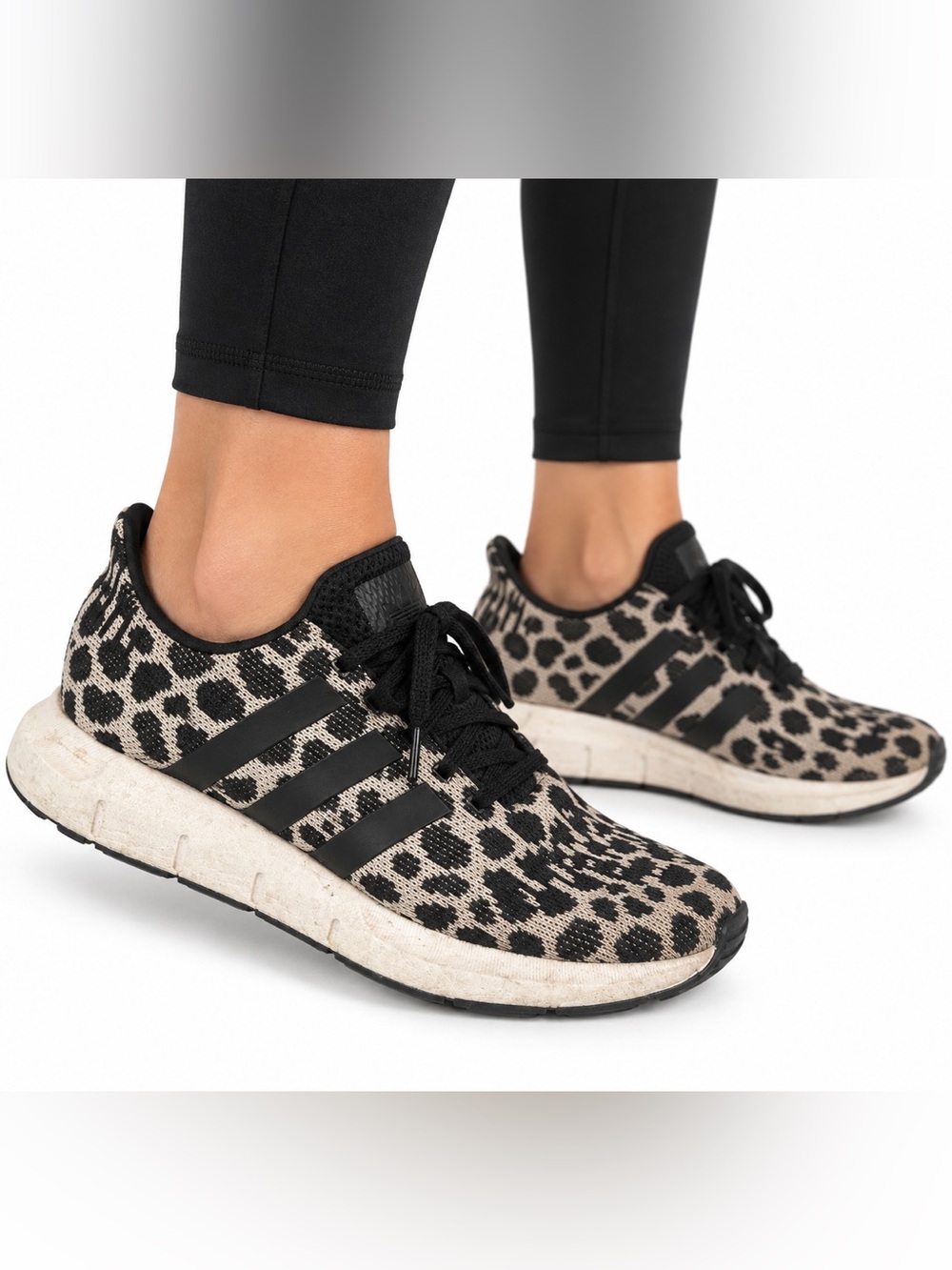 Adidas Size 7.5 Leopard Print Black & Cream Knit Runner Sneakers